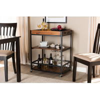 Baxton Studio SR1703012-Dark Oak/Black Capri Vintage Rustic Industrial Oak Brown and Black Finished Mobile Metal Bar Cart with Stemware Rack